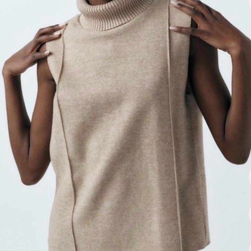 Zara Sleeveless Turtleneck Tunic Sweater in Beige